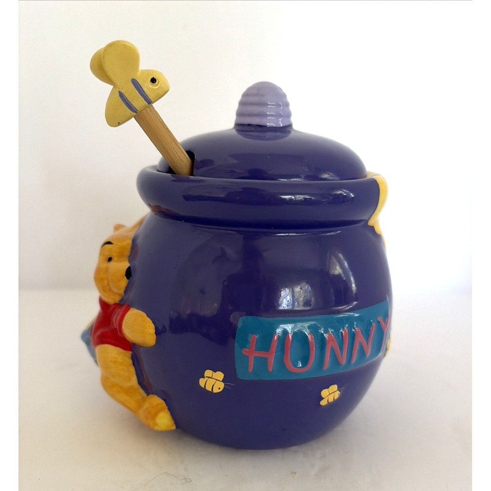Vintage Winnie The Pooh Disney Ceramic Purple Honey Pot With Lid & Dipper